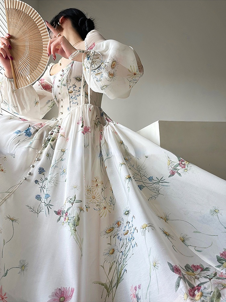 Casual Dresses French Elegant Floral Midi Chiffon Long Sleeve Evening Party Woman Beach Fairy Korean 2023 Summer 230310