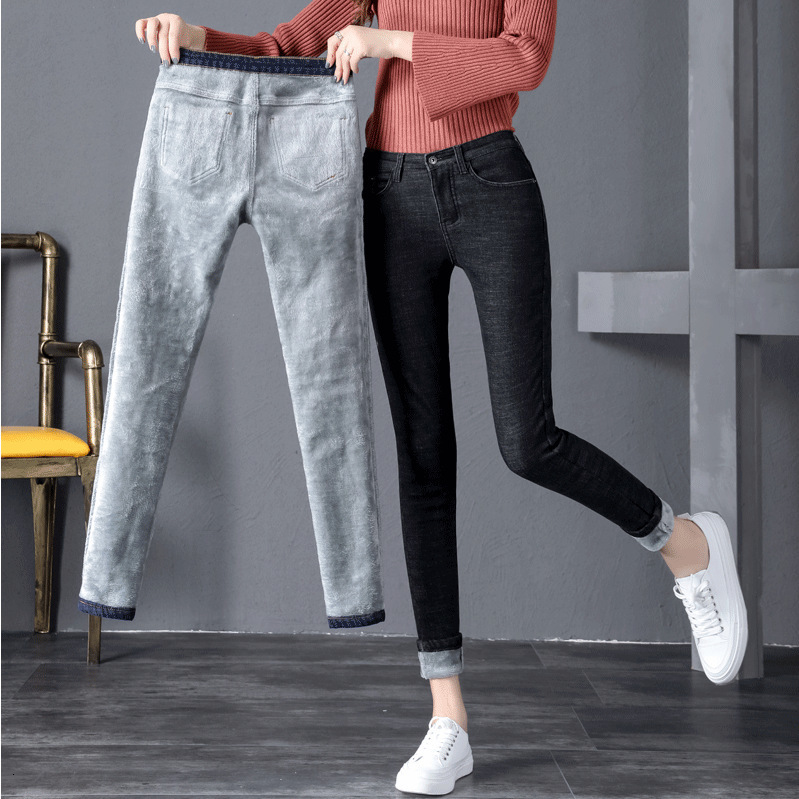 Women's Jeans Women Ladies High Waist Fleece Lined Jeans Winter Solid Color Keep Warm Casual Wild Slim Stretch Pants Trousers with Pockets 230311