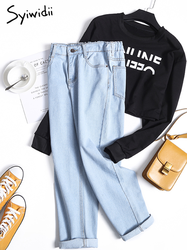 Women's Jeans Syiwidii 4 Color Mom Jeans Woman Elastic Waist High Wais Denim Pants Boyfriend Jeans for Women Washed Cotton Fashion 230311