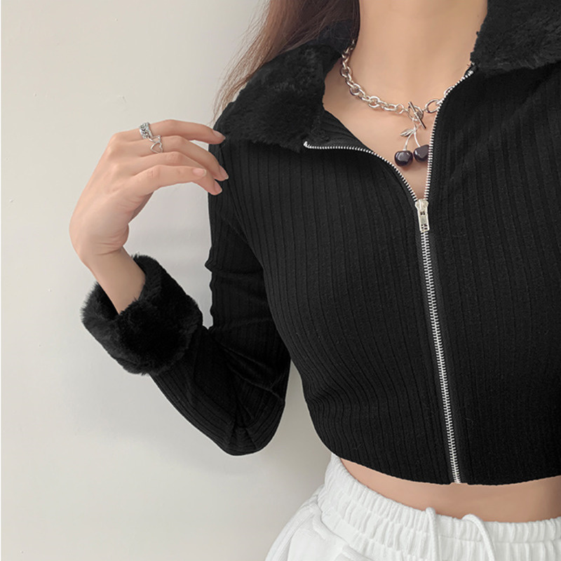 Women's Knits Tees TVVOVVIN Fashion Fur Collar Long Sleeve Slim Knitted Cardigan Solid Color Screw Thread Open Navel Zipper Sweater Khz3 230310