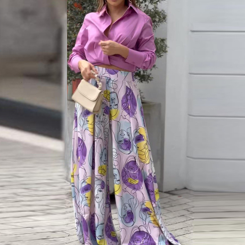 Women's Two Piece Pants Commute Women Office Sets Lapel Button Lantern Sleeve Shirt Pockets Straight Pant Suits Spring Summer Fashion Printed Set