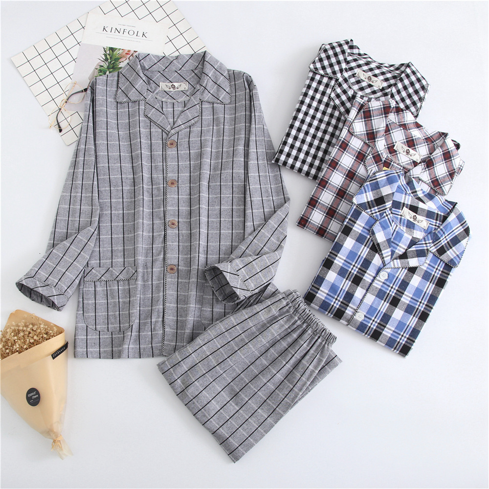 Men's Sleepwear Men's Plaid Pajamas Cotton Flannel Warm Fabric Sleepwear Clothes for Spring and Autumn Woven Cotton Plaid Mens Sleepwear Pij