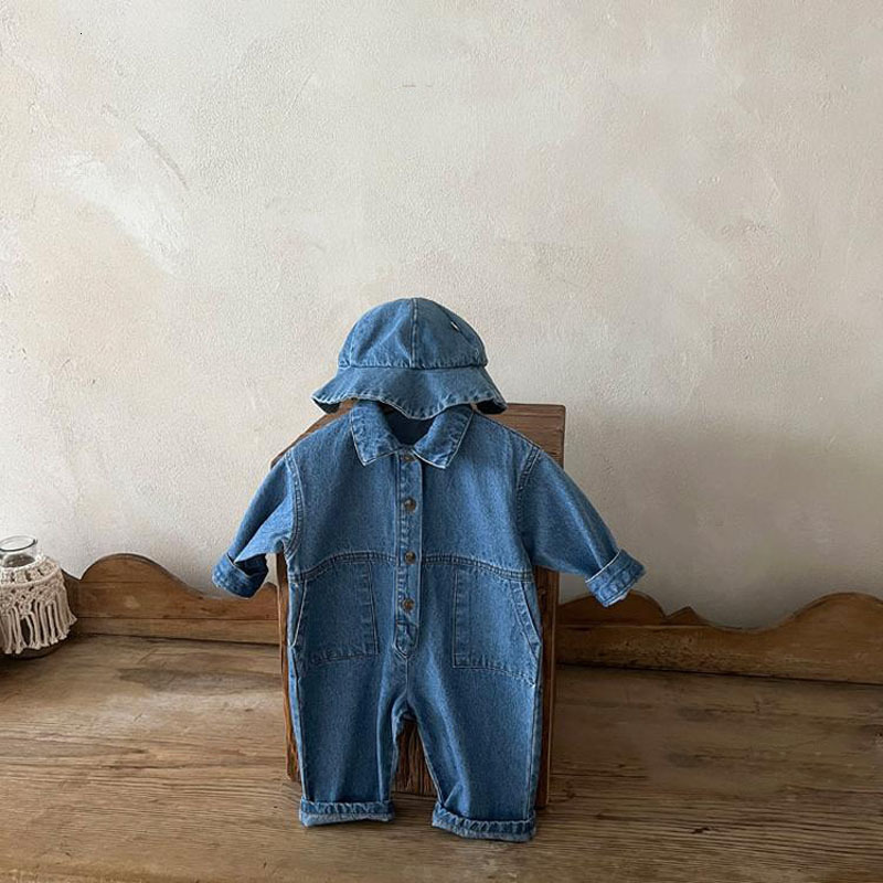 Rompers Korean Style Autumn Clothes Baby Girl Boy Romper Turn-down Collar Long Sleeves Denim Blue Jumpsuit born Clothes E4580 230311