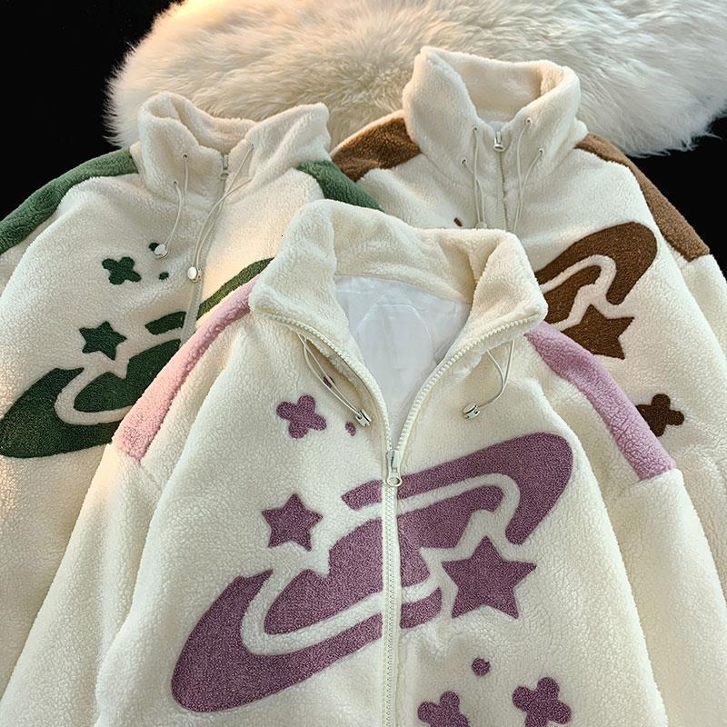 Women's Jackets Y2k Clothes Print Women Jacket Winter Warm Zipper Flannel Parka Harajuku Lambswool Sherpa Streetwear Loose Couple Hoodie Coat 230