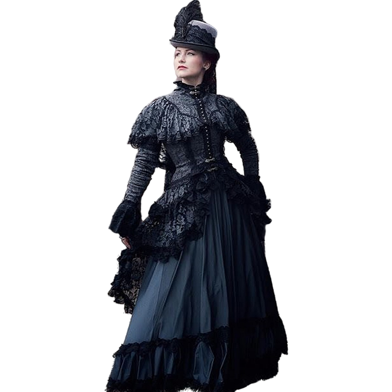 Steampunk Events Gothic Lace Wedding Dress Long Sleeves High Neck A-Line Floor Length Dark Gray And Black Vintage Victorian Women Formal Gowns