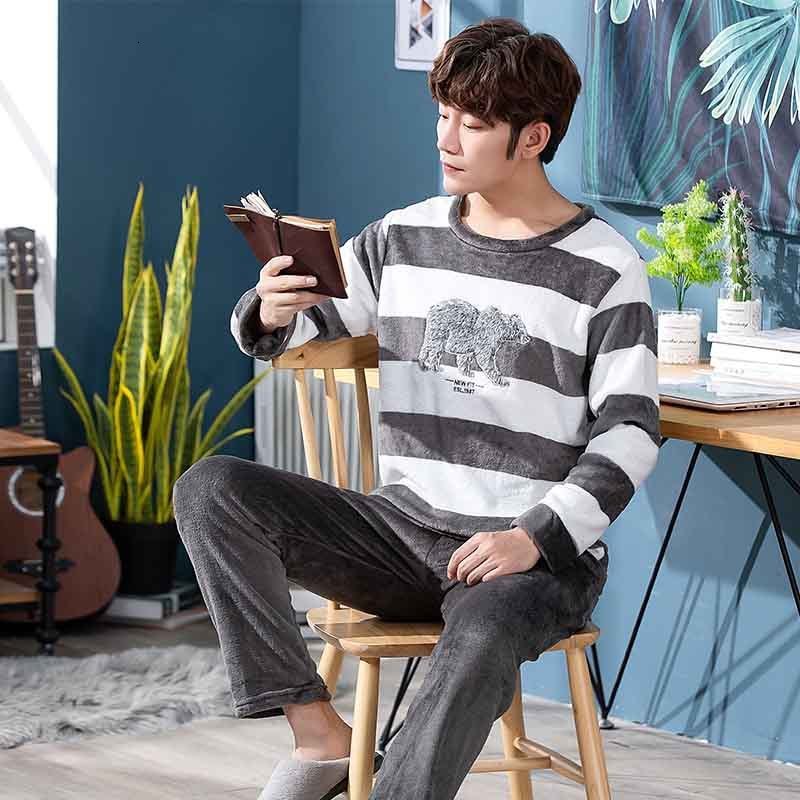 Men's Sleepwear warm thick pajamas men's suit plus size thickened flannel autumn and winter home wear casual long-sleeved coral fleece 23031
