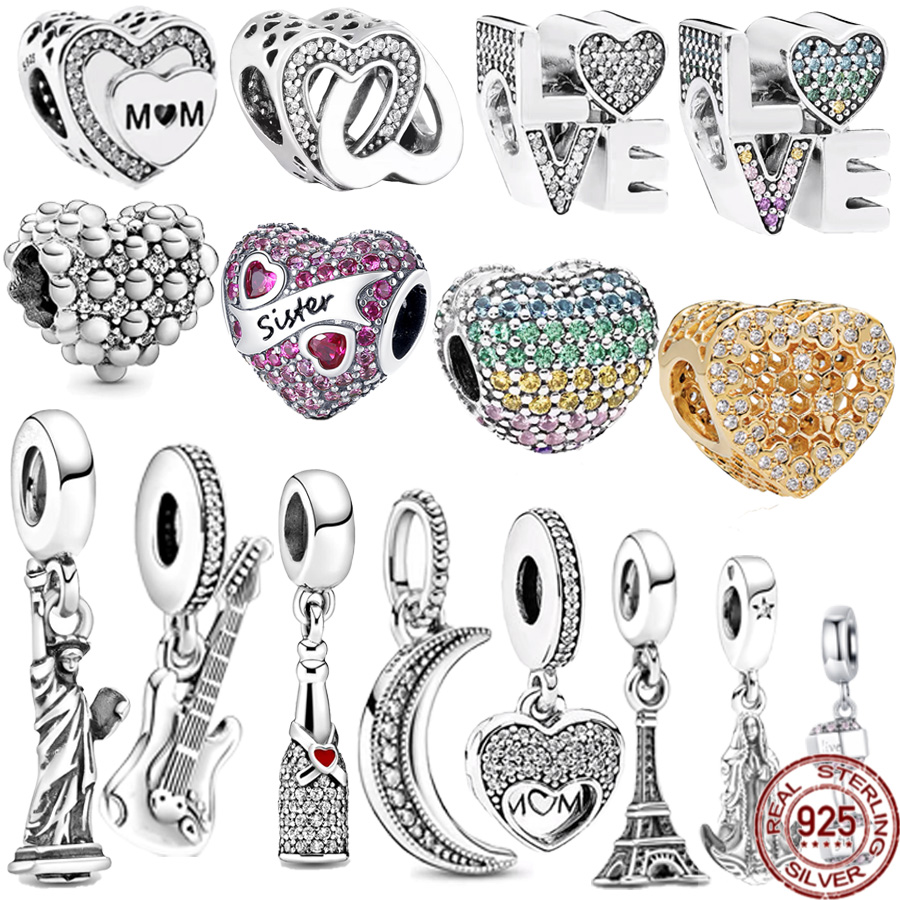 S925 Sterling Silver Statue Guitar Shiny Heart Suspension Pearl Beads Suitable for Bracelet DIY Fashion Jewelry