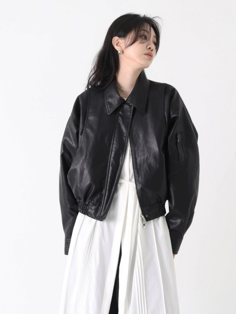 Women's Jackets Winter Cropped Zipper Leather Jacket Women Vintage Loose High Street Moto Biker Ladies Autumn Outerwear Korean Coat 230310