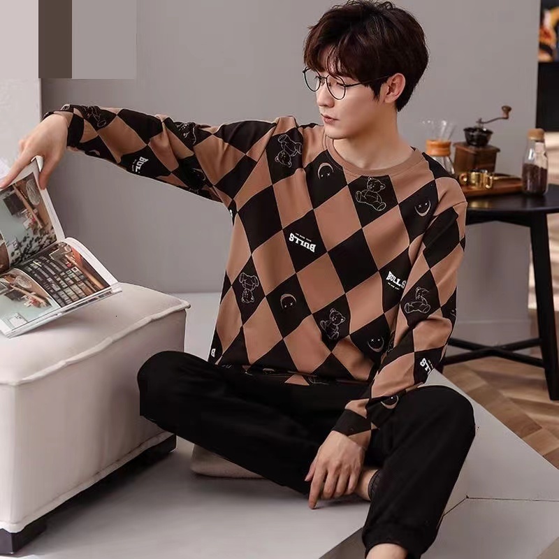 Men's Sleepwear SUO CHAO Pajamas Sets For Men's Long Sleeve Round Neck Tops And Pants Print Pyjamas Nightgown Sleepwear Homewear 230317