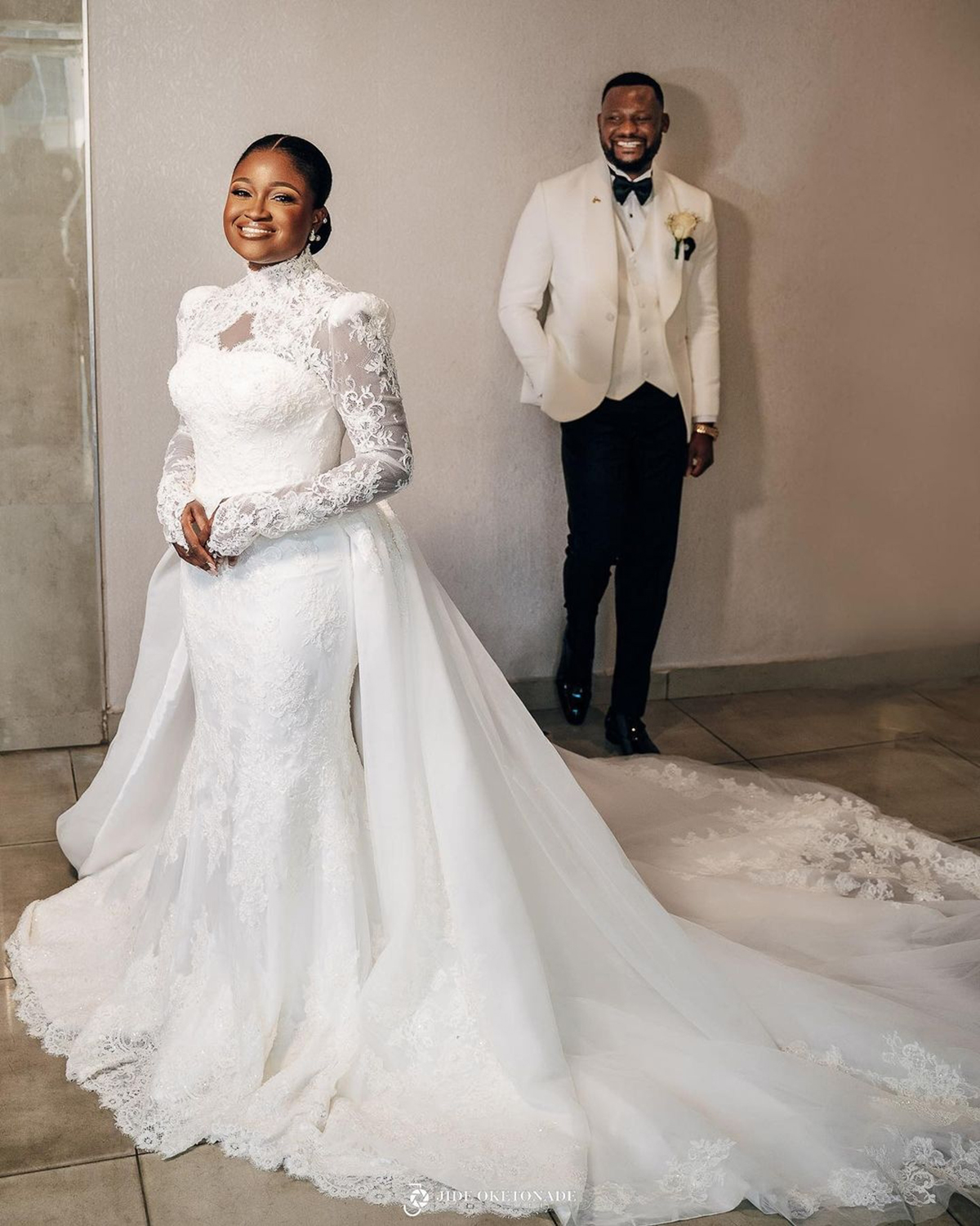 Plus Size Muslim Mermaid Wedding Dresses Full Lace High Neck Long Sleeve Bride Dress With Veil Bridal Gowns