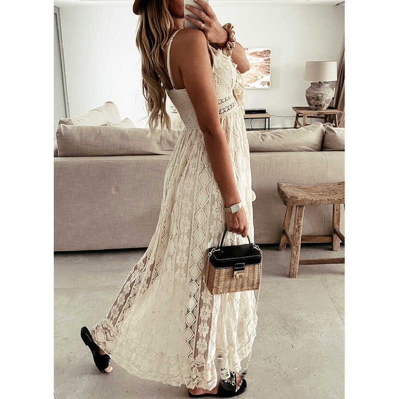 Casual Dresses Boho Women Lace Hem Dress 2022 Flower Lace Tassels Deep V-neck Bandage Sleeveless Beachwear Summer Dress S-2XL Beige/ White G230311