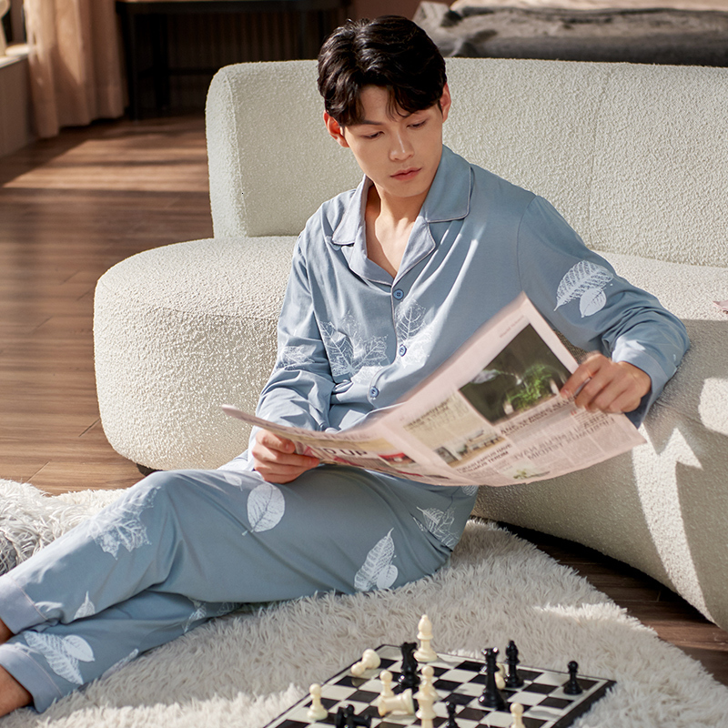 Men's Sleepwear Men Pyjama Set Modal Cotton Spring Long Sleeve Maple Leaf Print Men Pajama Suit Nightwear Lapel Collar Pijama Male Sleepwear 3XL 