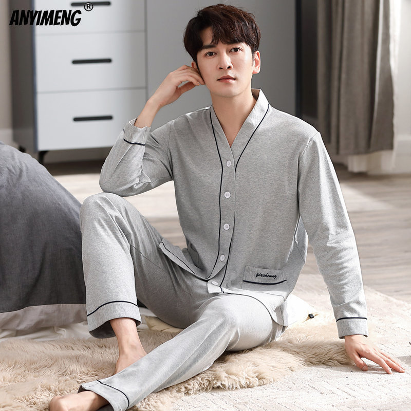 Men's Sleepwear Autumn Winter Plus Size 4XL Men Pajamas Fashion Pijamas Mens Breathe Freely Sleepwear Cotton Deep Grey Cardigan Nightwear 230317