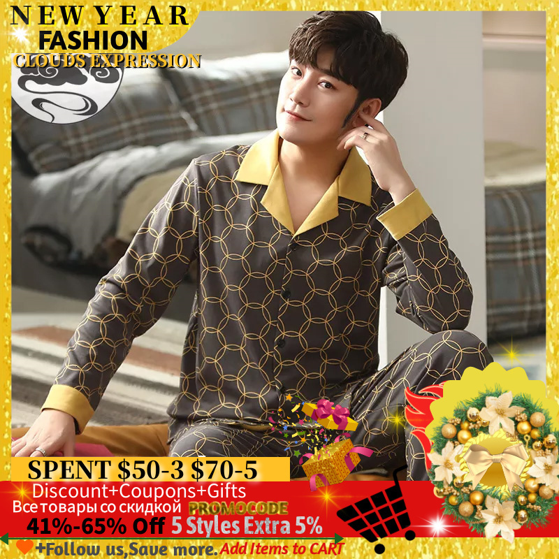 Men's Sleepwear Spring Autumn Knitted Cotton Long Pajama Sets Plaid Sleepwear PJ Pyjamas Men's Sleep Lounge Home Fashion 230317