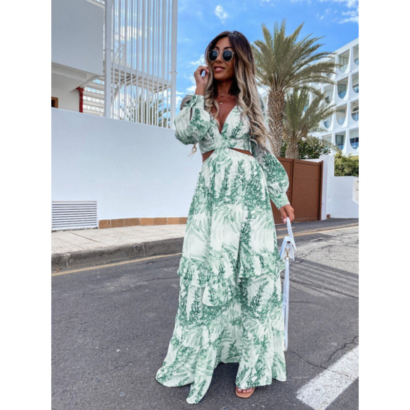 Casual V-Neck Lantern Sleeve Maxi Dress Sexy Backless Beach Cover Up | Summer Collection