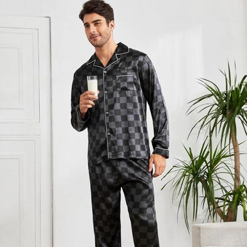 Men's Sleepwear Men Checkered Silk Satin Pajamas Set Home Sleepwear Long Trouser Suit Female Sleep Two Piece Set Couple Loungewear Plus Size 2303