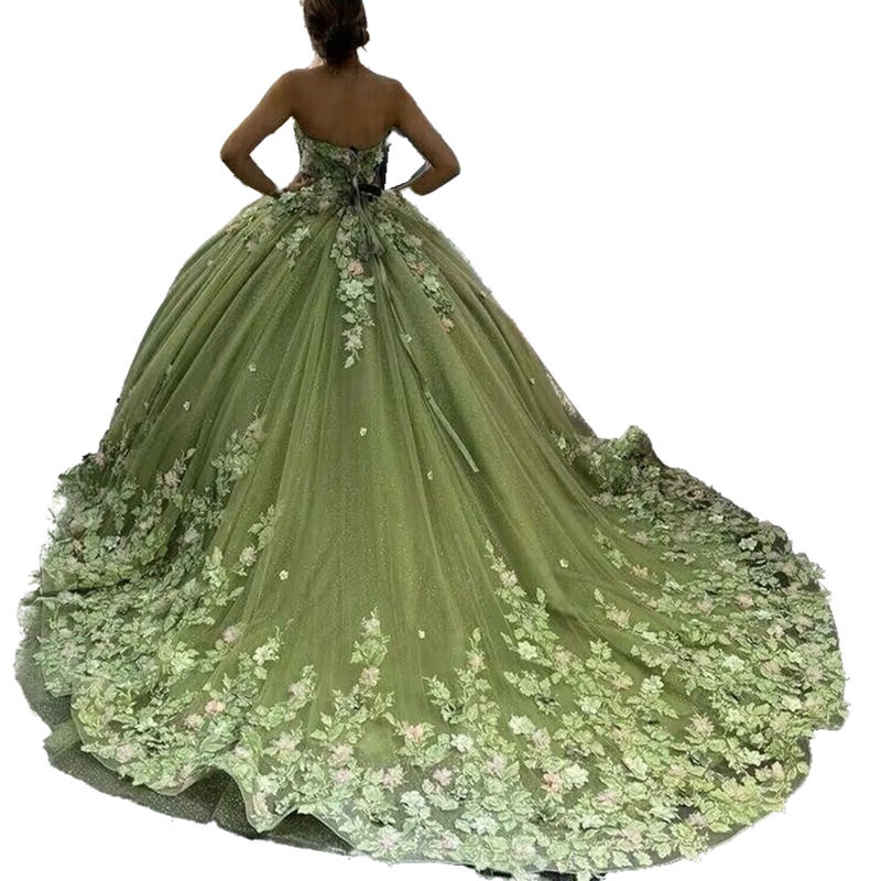 Romantic Floral Quinceanera Dresses Princess Sage Ball Gown Glitter Sequin Lace Sweet 15 Prom Dress Strapless Sleeveless Special Occasion Gowns