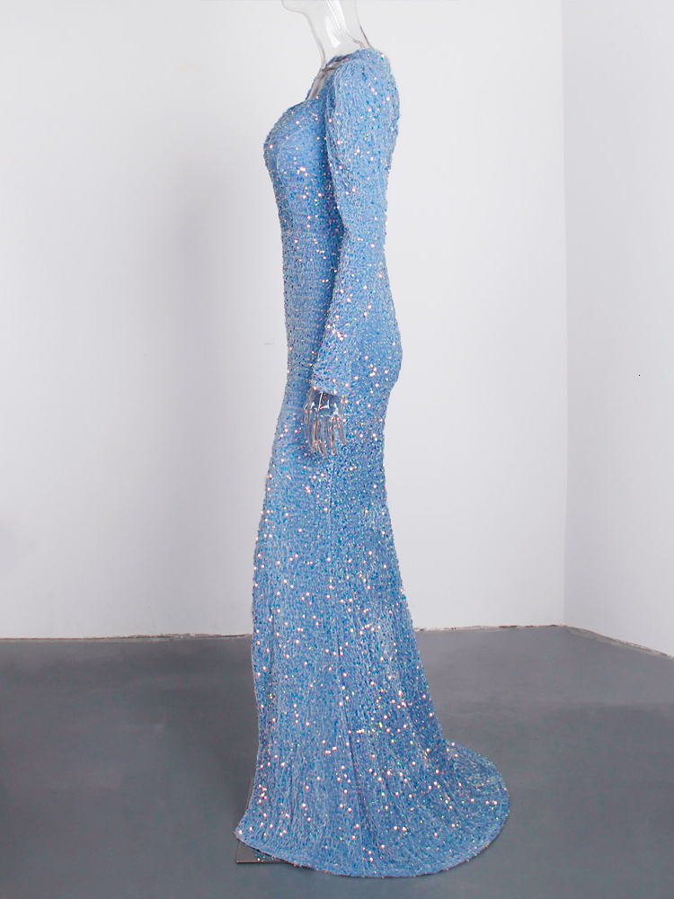 Party Dresses Romantic Sky Blue Long Sleeve Mermaid Wedding Gown Shiny Sequin Stretchy Velvet Slit Leg Evening Maxi Prom 230310