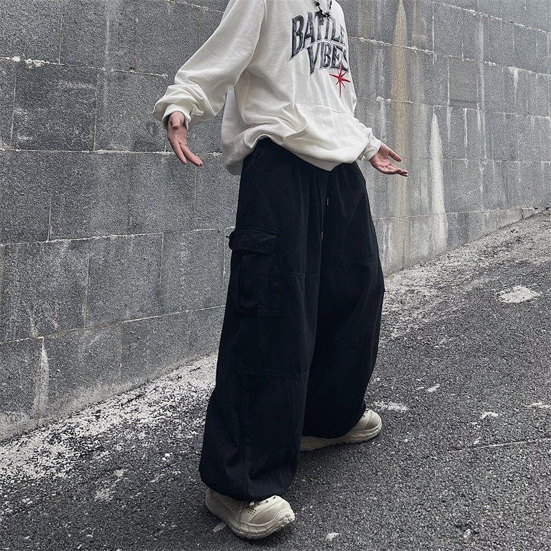 Men's Pants Big Pocket Cargo Pants Men's Casual Solid Color Straight Pants Baggy Wide-leg Ankle-length Pants Men Elastic Waist Pants 230311