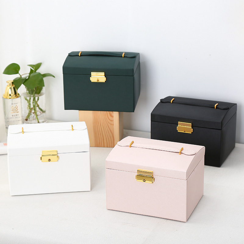 Jewelry Boxes Multifunctional Threelayer Leather Drawerstyle Jewelry Box Earrings Lock Jewelry Box 230310