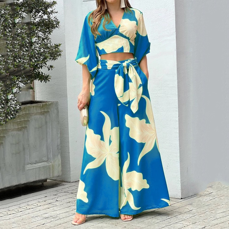 Women's Two Piece Pants Wefad Set Fashion V Neck Long Lantern Sleeve Print Loose Wide Legs With Pockets Sets High Streetwear 230310