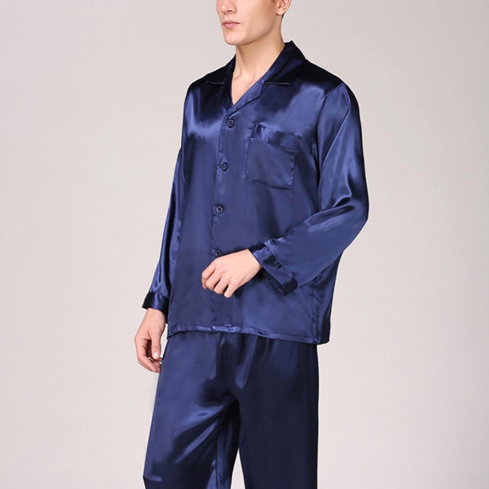 Men's Sleepwear Men Summer Silk Pajama Set Shirt Pants Home Gown Sleepwear Nightwear 230317