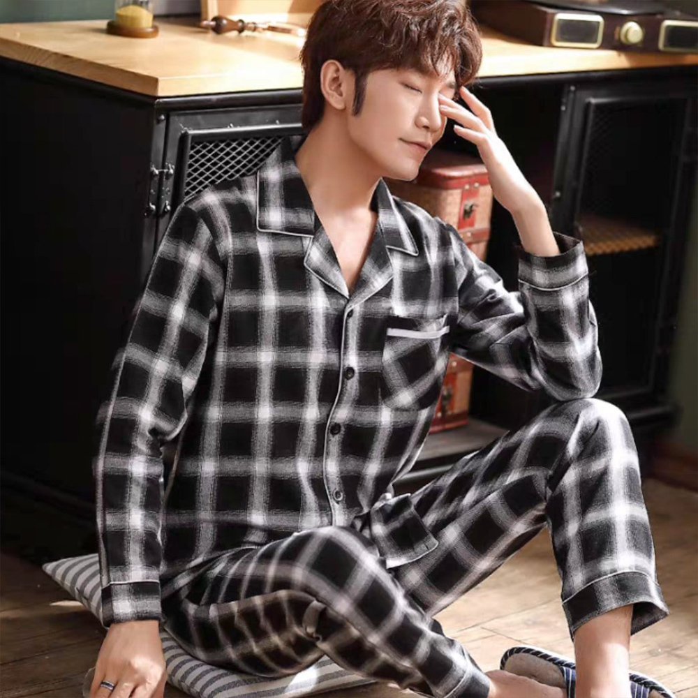 Men's Sleepwear Spring Autumn Pajama Sets Suit Knitted Cotton Casual Long Sleeve Sleepwear Plaid Home Wear Plus Size Comfortable Pajamas For Men 