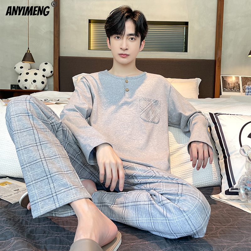 Men's Sleepwear Fashion Sleepwear Young Man's Pajama Set Black Plaid Cool Stylish Korean Pijamas Long Sleeved Autumn Winter Leisure Homewear