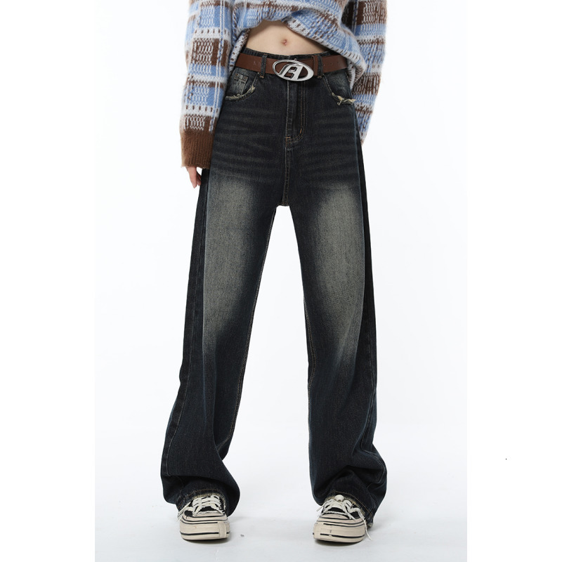 Women's Jeans Blue Women Jeans Gradient High Waist American Fashion Vintage Wide Leg Jean Female Denim Trouser Straight Baggy Denim Pants 230311