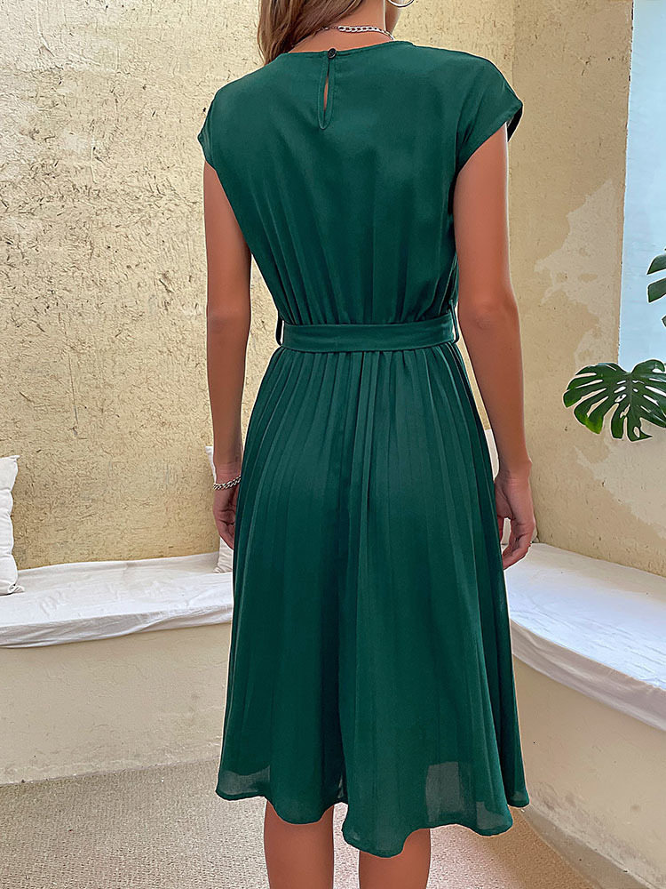 Casual Dresses JIM NORA Elegant Women Summer Beach Sundress Short Sleeve Pleated Midi Dress Soild Colour O Neck Tunic Fashion 230310