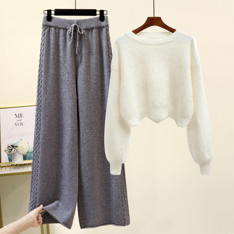 Women's Two Piece Pants Set of Fashion Pieces for Women Long Sleeve Printing Pullover Allmatch Knitted High Waist Wideleg Pant Suit 230310
