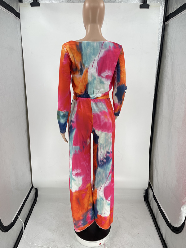 Women's Two Piece Pants CMYAYA Tie Dye Tracksuit Off Shoulder Long Sleeve Tshirt and Loose Matching 2 Set Outfits Sweatsuit 230310
