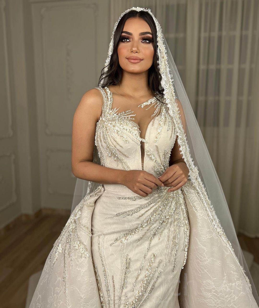 2023 Arabic Aso Ebi Mermaid Lace Wedding Dress Beaded Sheer Neck Detachable Train Vintage Bridal Gowns Dresses ZJ1134