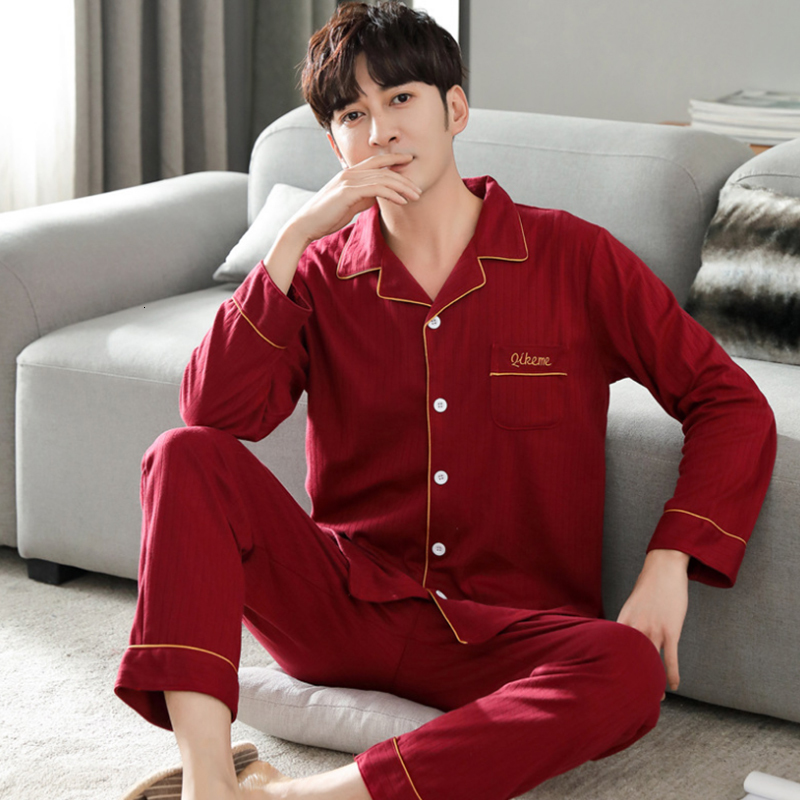Men's Sleepwear Autumn Men's Pajamas 100% Cotton Full-sleeve Mens Turn-down Collar Homewear Thin Simple Style Solid Color Comfort Sleepwear 