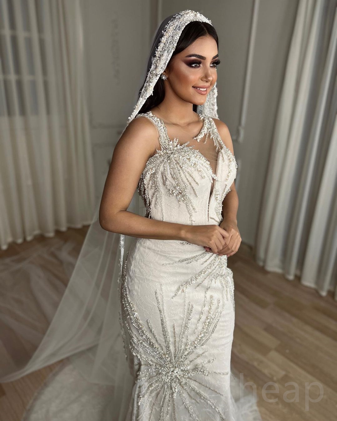 2023 Arabic Aso Ebi Mermaid Lace Wedding Dress Beaded Sheer Neck Detachable Train Vintage Bridal Gowns Dresses ZJ1134