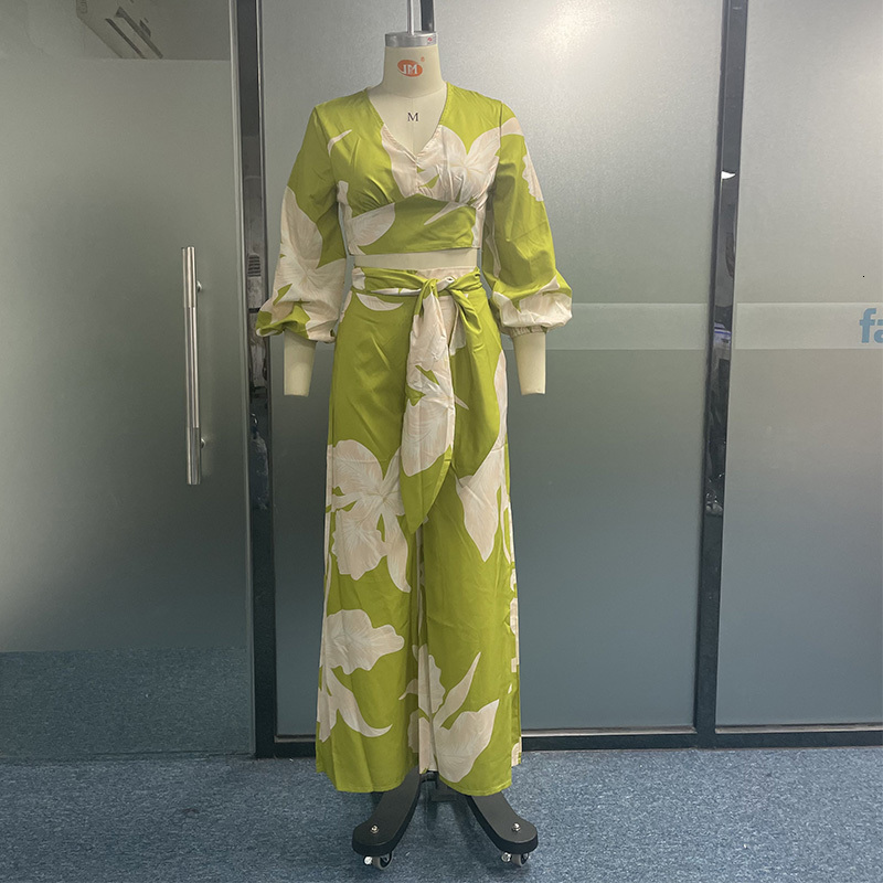 Women's Two Piece Pants Wefad Set Fashion V Neck Long Lantern Sleeve Print Loose Wide Legs With Pockets Sets High Streetwear 230310