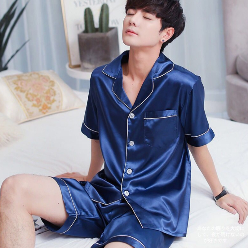Men's Sleepwear Male Stain Silk Pajama Set Pyjamas Silk Sleepwear Men Smart Soft Pijama Suit Solid Color Satin Home Clothing Summer 230317