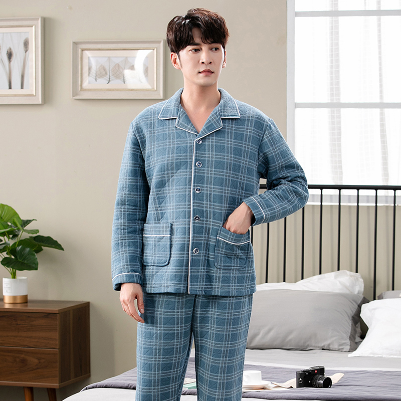 Men's Sleepwear Winter Keep Warm Thin Quilted Pajama Sets for Men Long Sleeve Air Cotton Interlayer Sleepwear Loungewear Homewear Home Clothes 23