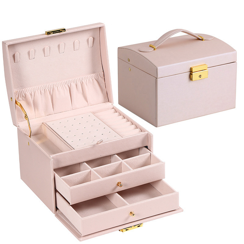Jewelry Boxes Multifunctional Threelayer Leather Drawerstyle Jewelry Box Earrings Lock Jewelry Box 230310