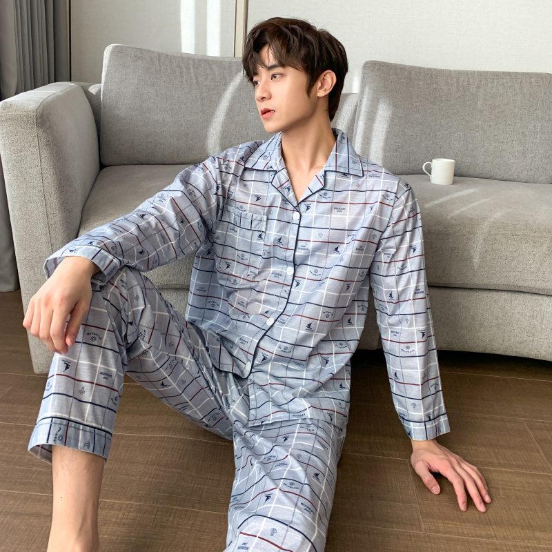 Men's Sleepwear CAIYIER Striped Men Sleepwear Long Sleeve Cardigan Long Pants Nightwear Male Pyjama Autumn Winter Loounge Wear Plus Size 2XL-4XL 