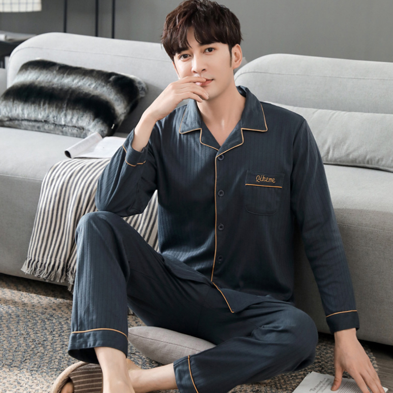 Men's Sleepwear Autumn Men's Pajamas 100% Cotton Full-sleeve Mens Turn-down Collar Homewear Thin Simple Style Solid Color Comfort Sleepwear 