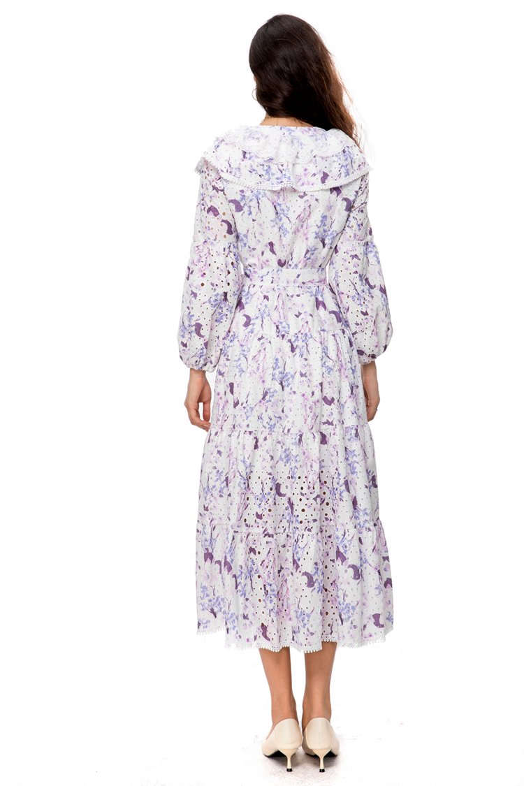 Women's Runway Dresses V Neck Lantern Sleeves Floral Printed Lace Up Belt Fashion High Street Vestidos