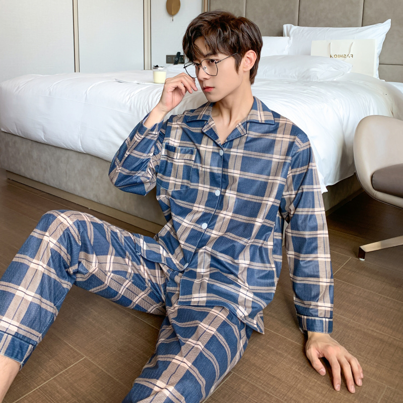 Men's Sleepwear CAIYIER Striped Men Sleepwear Long Sleeve Cardigan Long Pants Nightwear Male Pyjama Autumn Winter Loounge Wear Plus Size 2XL-4XL 