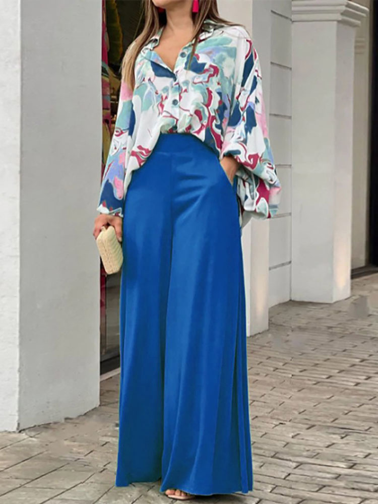 Women's Two Piece Pants Commute Women Office Sets Lapel Button Lantern Sleeve Shirt Pockets Straight Pant Suits Spring Summer Fashion Printed Set