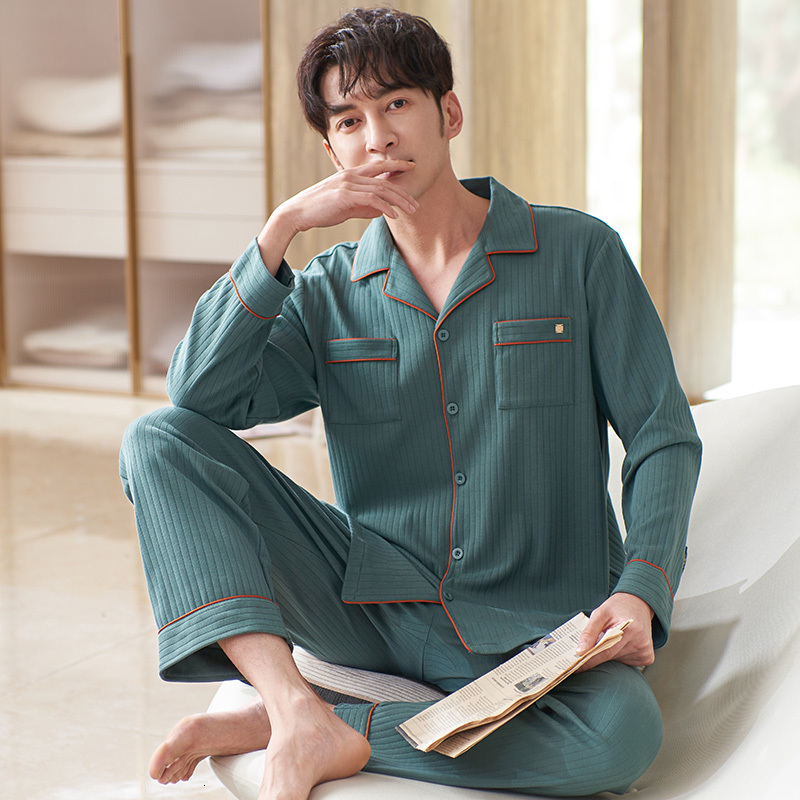 Men's Sleepwear Autumn Pajama Set Male Full Cotton Sleepwear Solid Home Clothing Long Sleeves Spring Cardigan Leisure Pyjamas Suit 3XL 230317