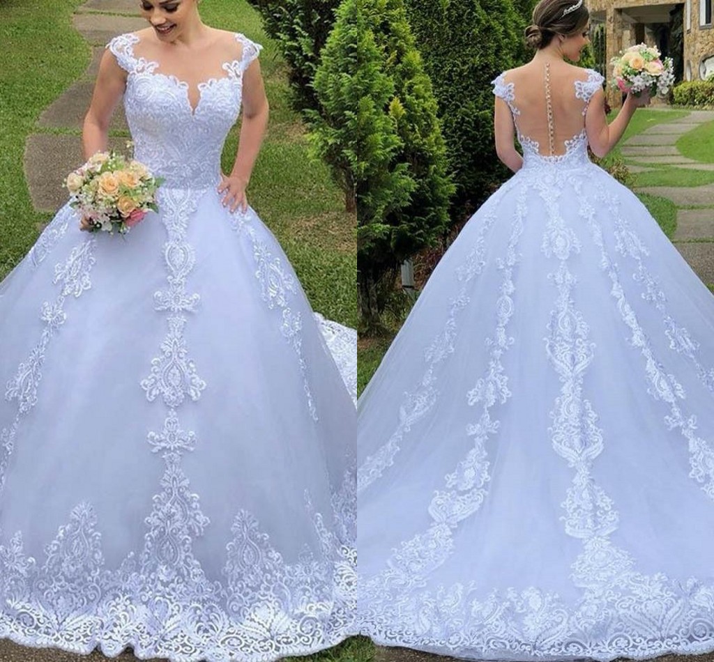 Elegant Wedding Dress 2023 Sheer Scoop Lace Appliques Buttons Back A-line Bride Gowns Vestidos De Noiva Plus Size Vintage