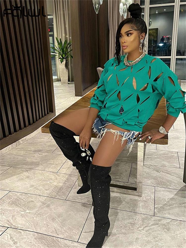 Women's TShirt FQLWL Fall Street Outfits Hollow Out Tops Clothing For Women O Neck Long Sleeve Yellow Top Solid Loose Tee Shirts Female 230310