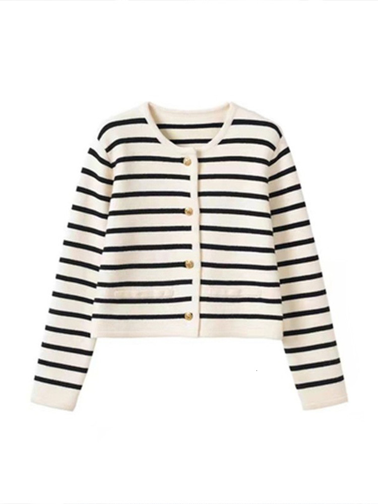 Women's Knits Tee Spring Autumn Sweaters Oneck Stripe Knitted Cardigan Fashion Long Sleeve Casual Short Tops Korean Style 230310