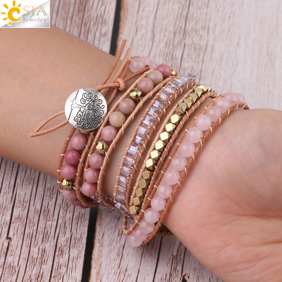 Charm Bracelets CSJA Natural Stone Bracelet Pink Quartz Leather Wrap Bracelets for Women Rose Gems Crystal Beads Bohemia Jewelry 5 Strand S308 230310