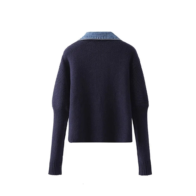 Women's Knits Tees Korean Fashion Sweater Jacket Spring Autumn Denim Patchwork Knitted Cardigan TurnDown Collar Single Breasted Vingtage Knit Coa